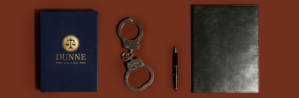 Dunne Law Firm book, handcuffs, pen, and leather-bound book