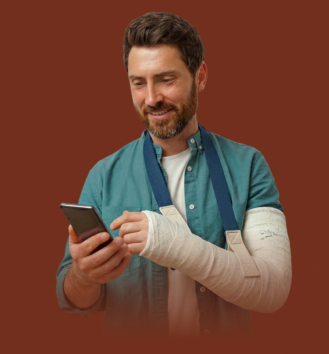 Injured man on his phone