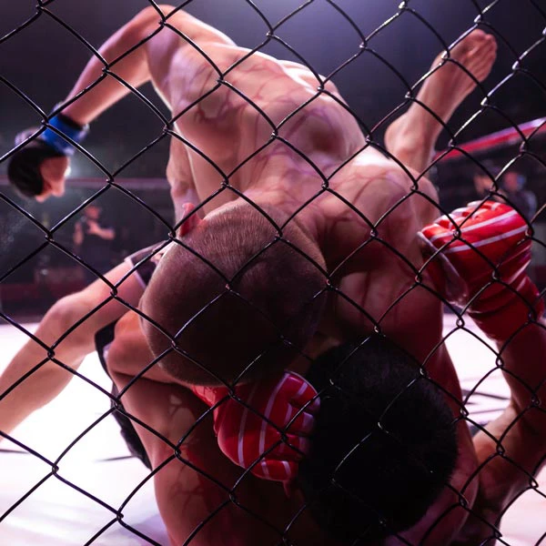 Fighters mid-takedown during MMA fight