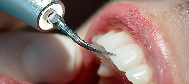 up close photo of dental tool and teeth