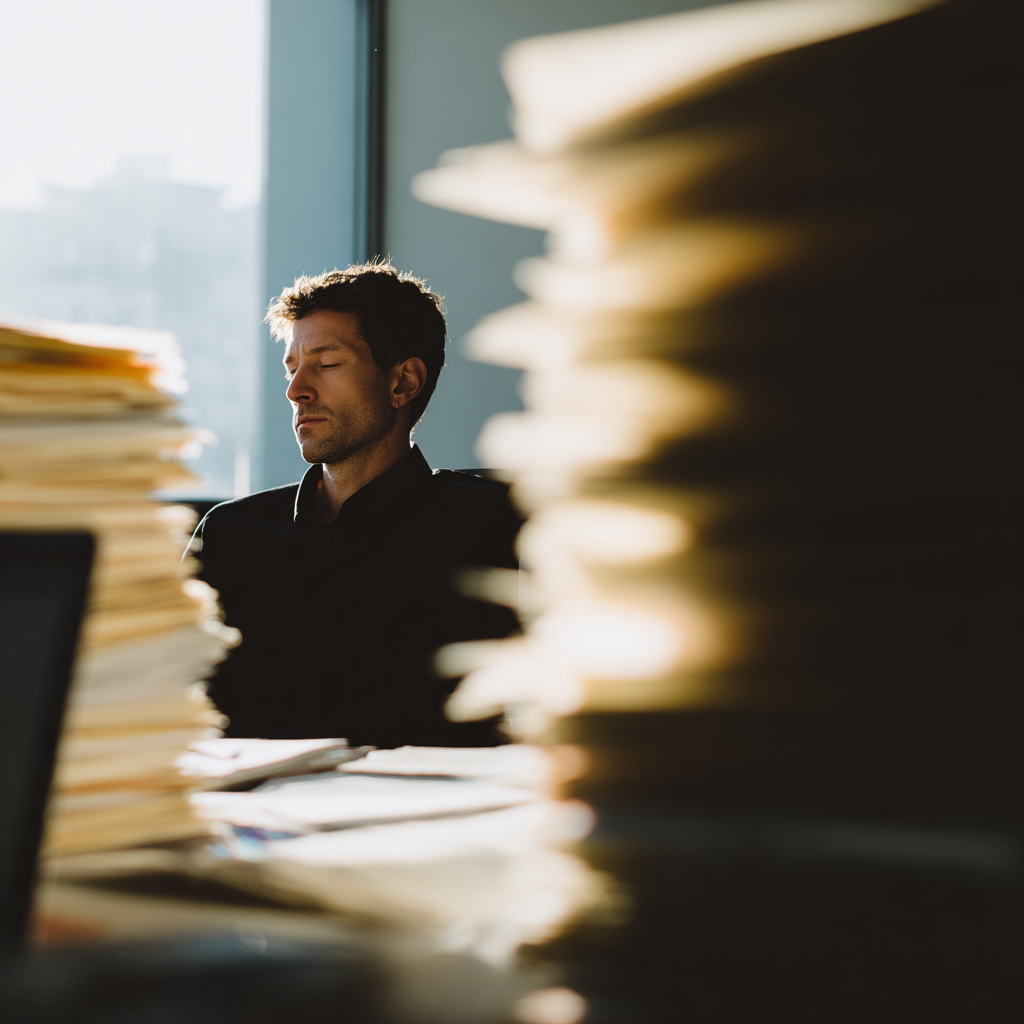 Tired worker surrounding by stacks of paperwork