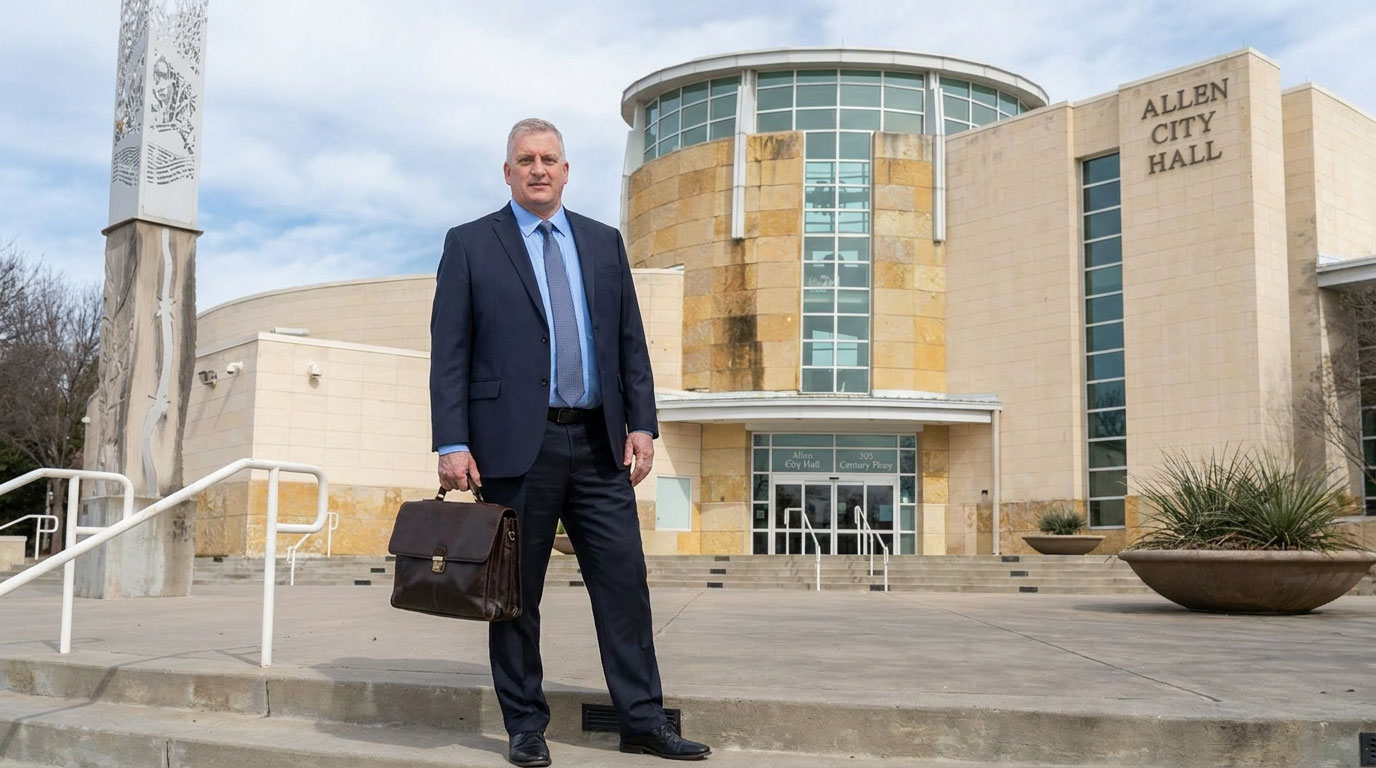 Dan A. Atkerson in front of building