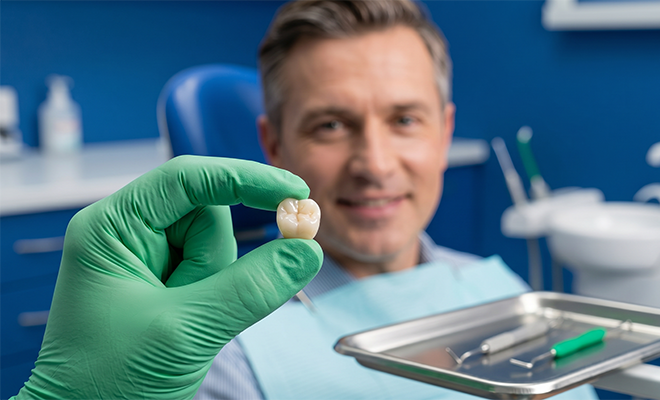 Close-up of a gloved hand showing a patient a dental crown