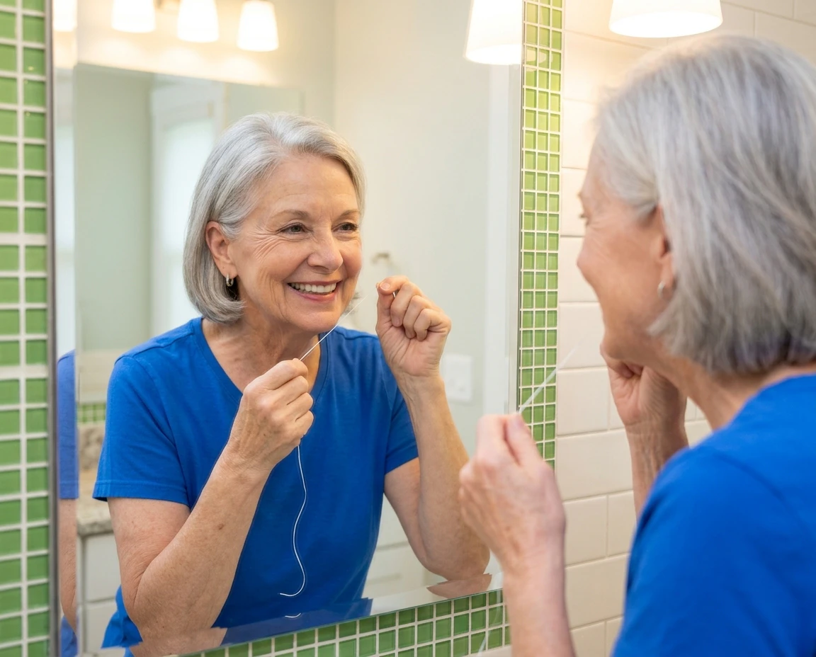 Woman flossing and smiling