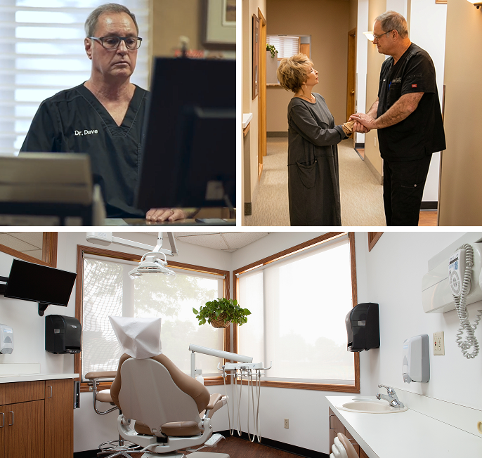 The doctor at his desk, with a patient, and an exam room