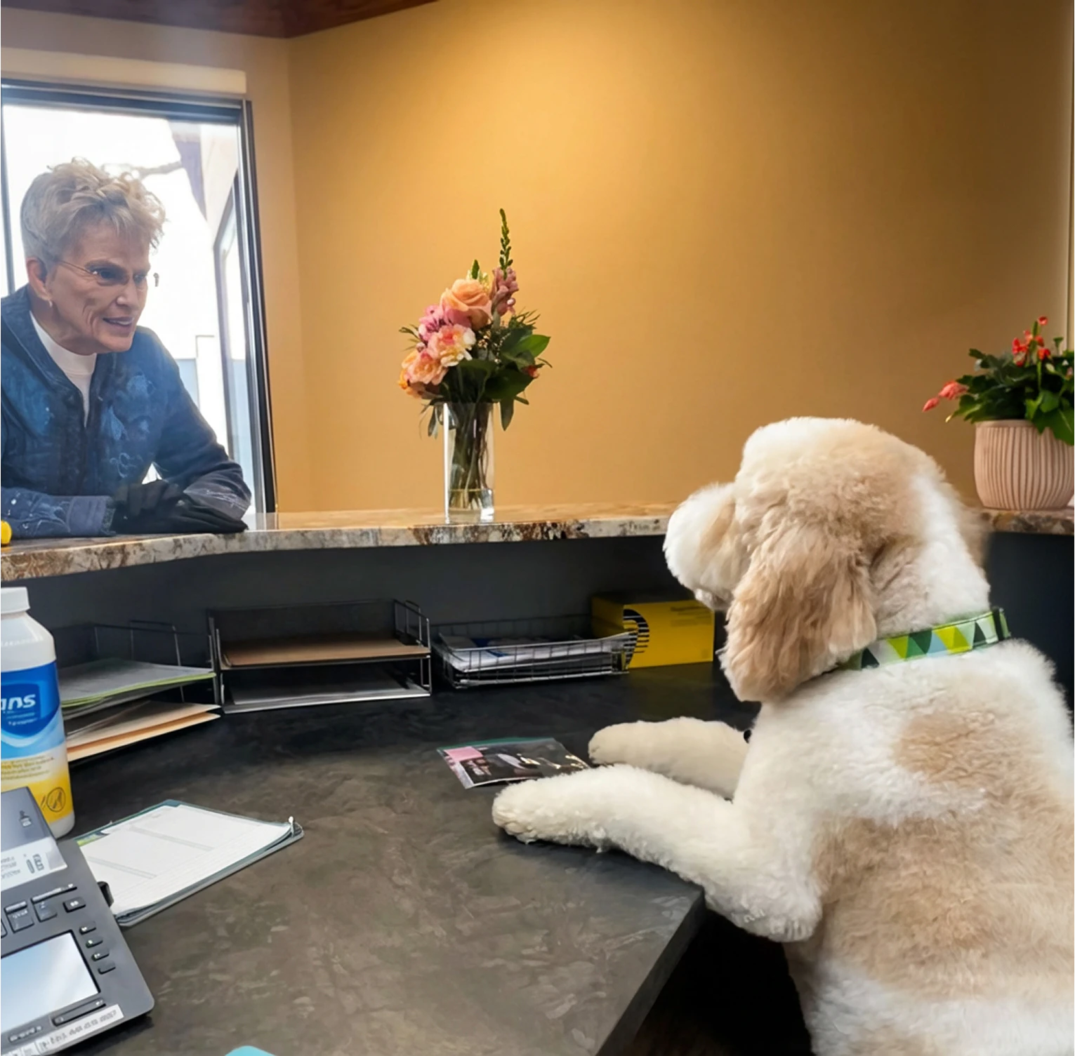 woman speaking to our front desk attendant