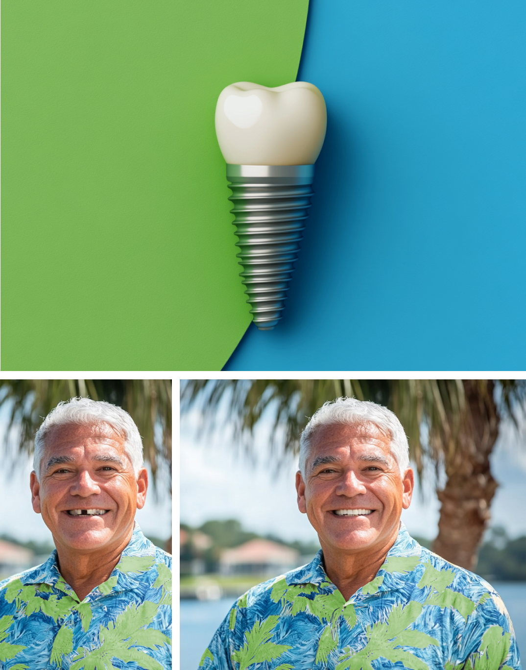 model of a dental implant, man with a missing tooth, and same man with a beautiful smile