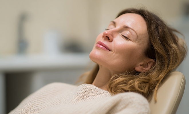 Close-up of woman sleeping in a dental chair