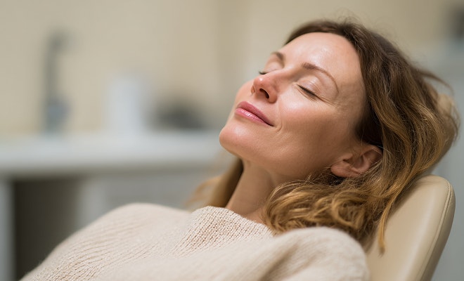 Close-up of woman sleeping in a dental chair
