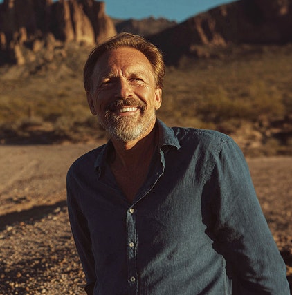 Middle-aged man with a beard smiling in golden desert sunlight, wearing a blue button-down shirt with rocky mountains in the background.