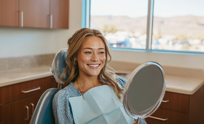 Woman admiring her smile at the dentist