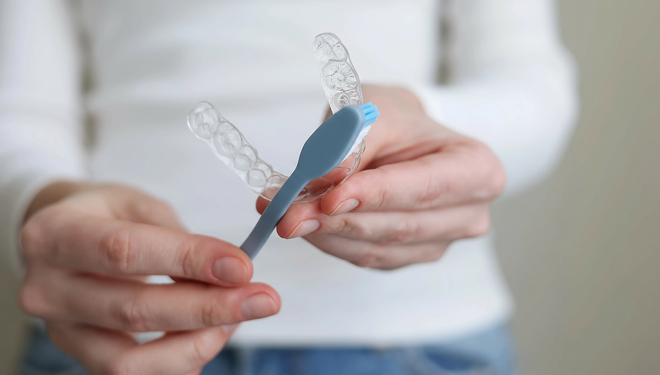 Close up of someone brushing their aligners