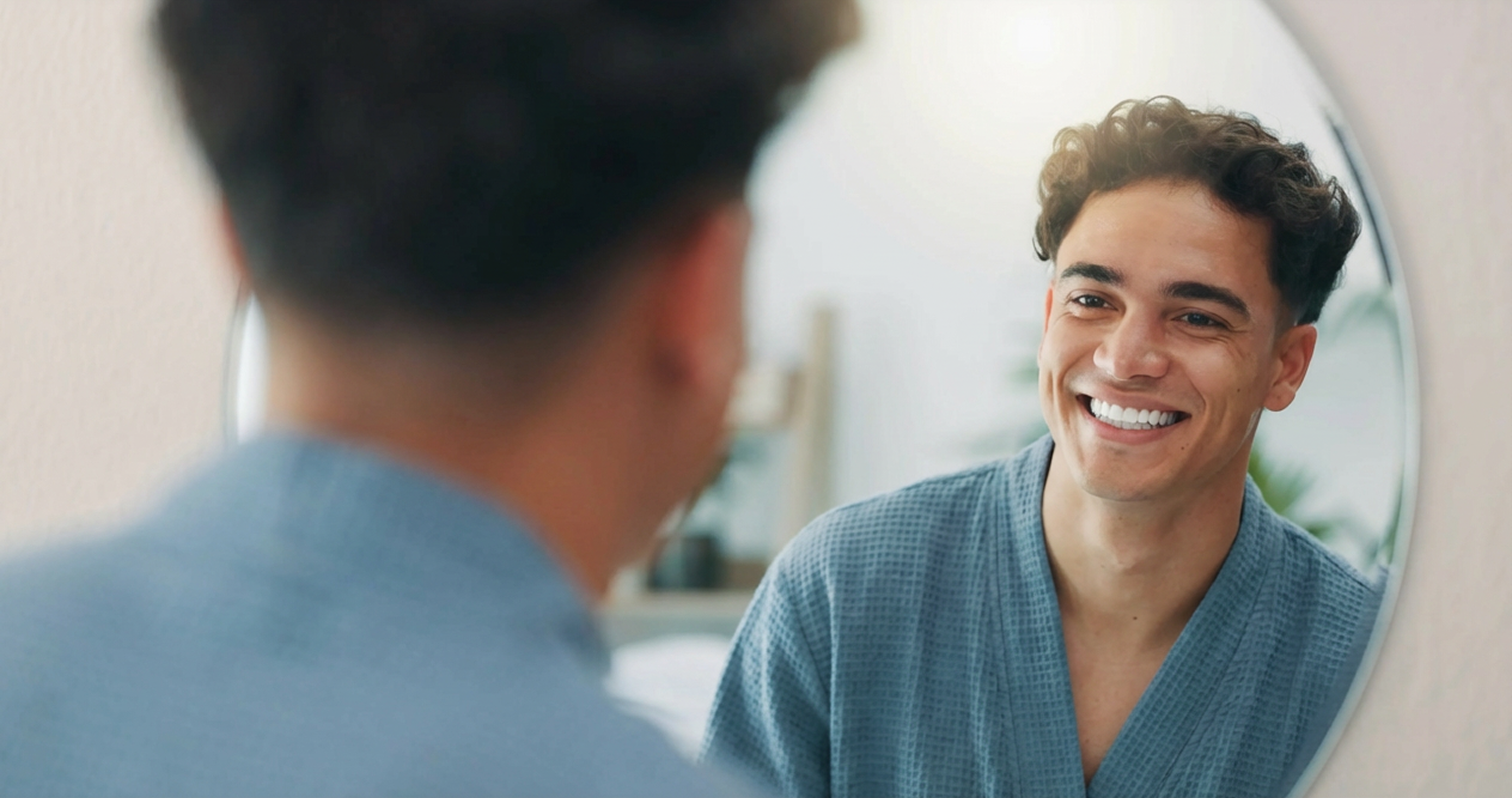young man admiring his smile in the mirror