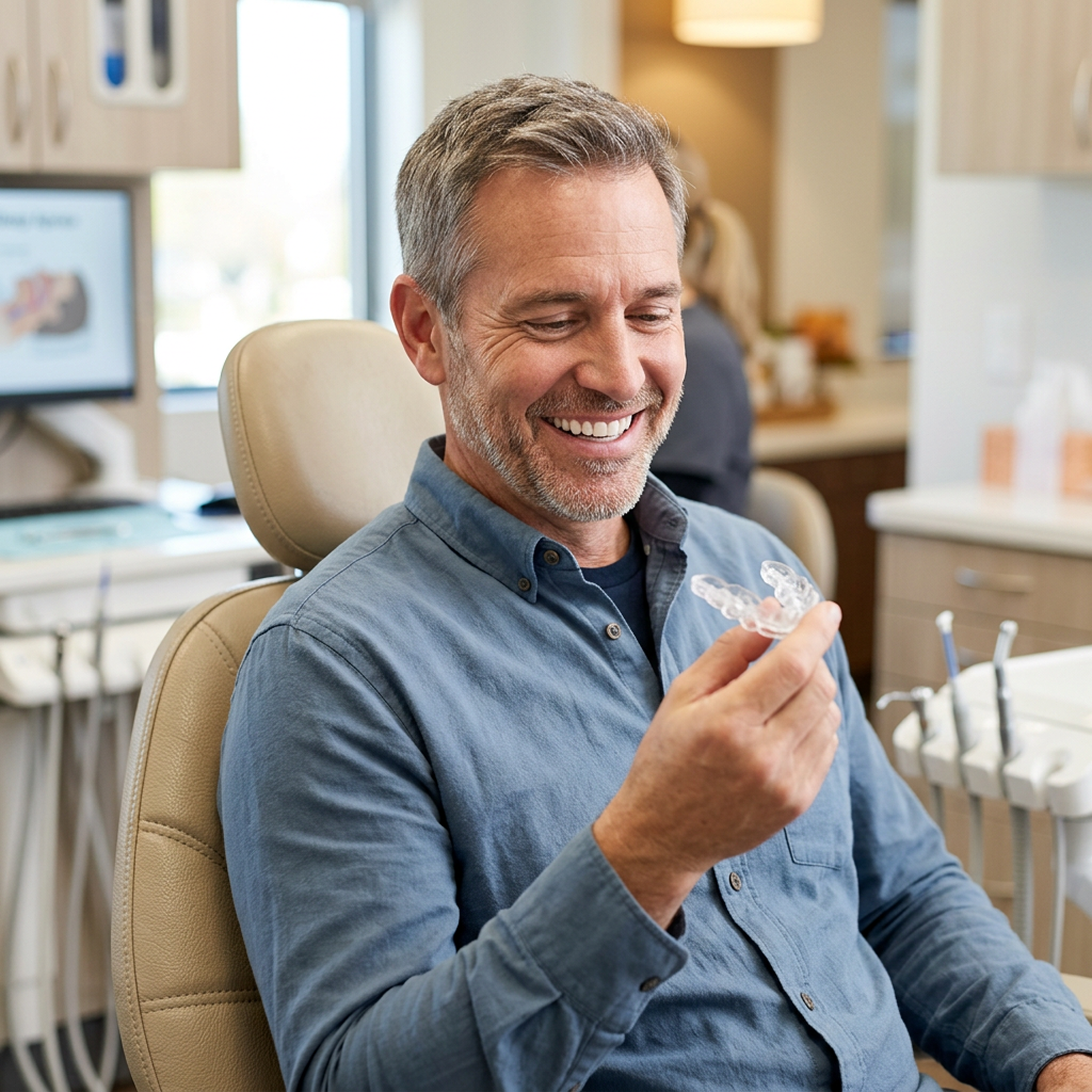 man at the dentist looking at an oral appliance