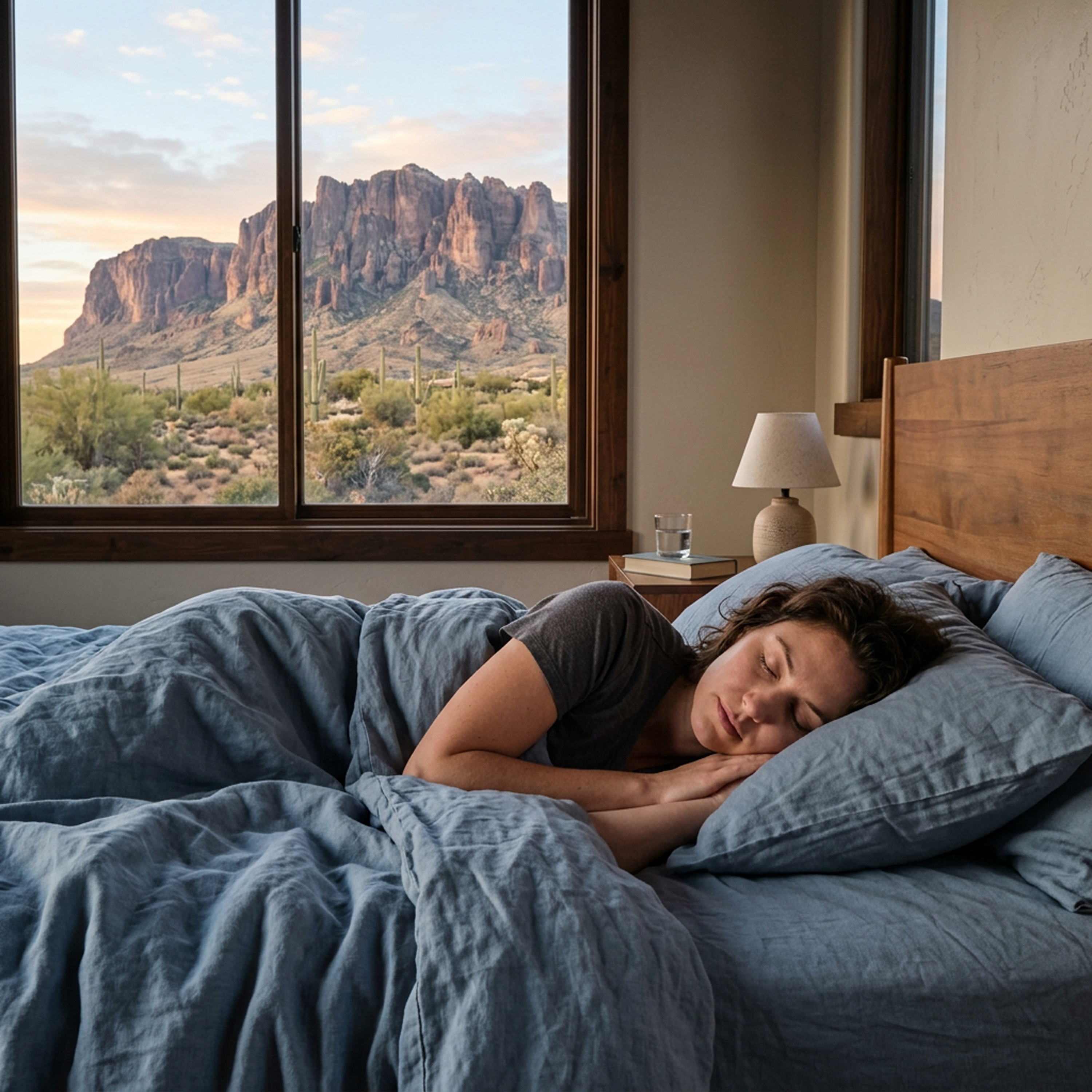 Woman sleeping peacefully with the superstition mountains in the background