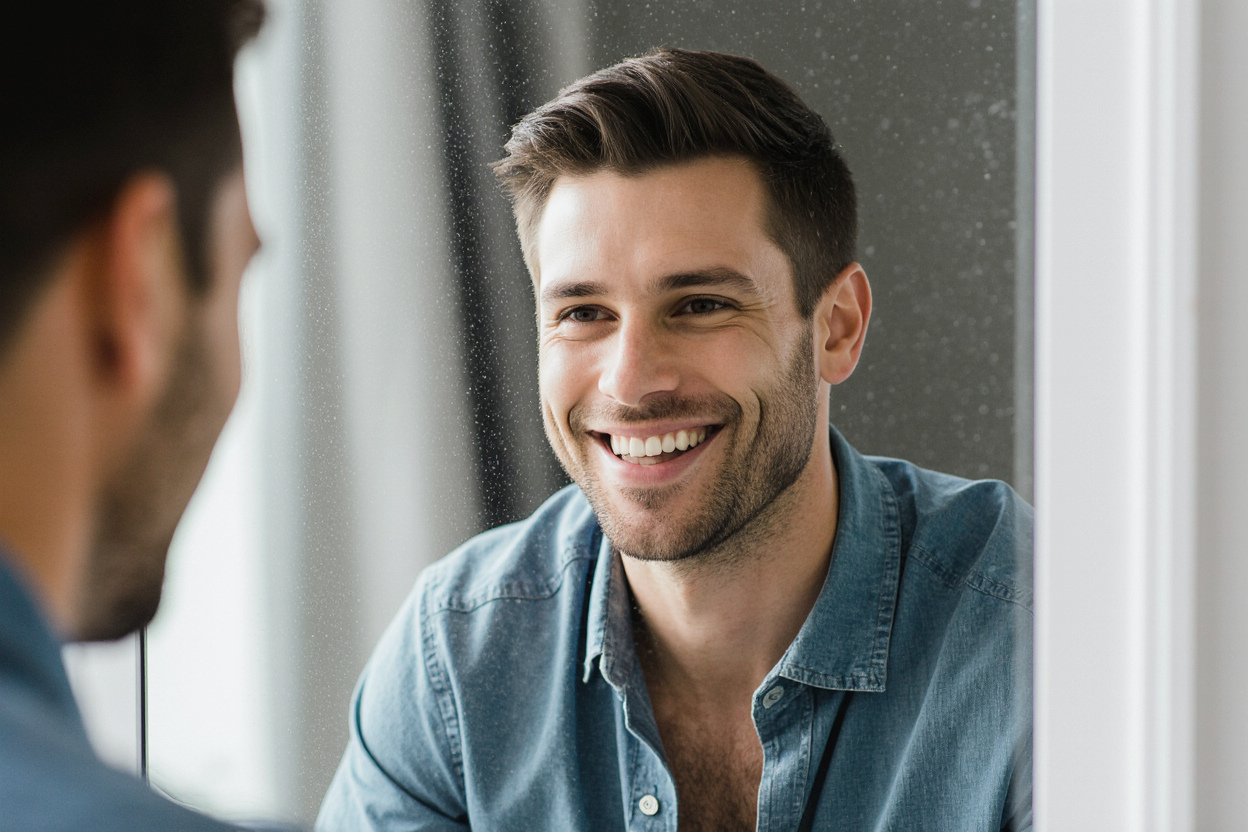 man admiring his smile in the mirror