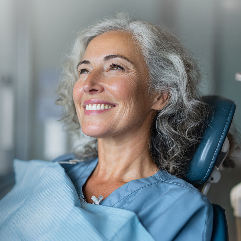 Smiling woman seated in dental chair during appointment