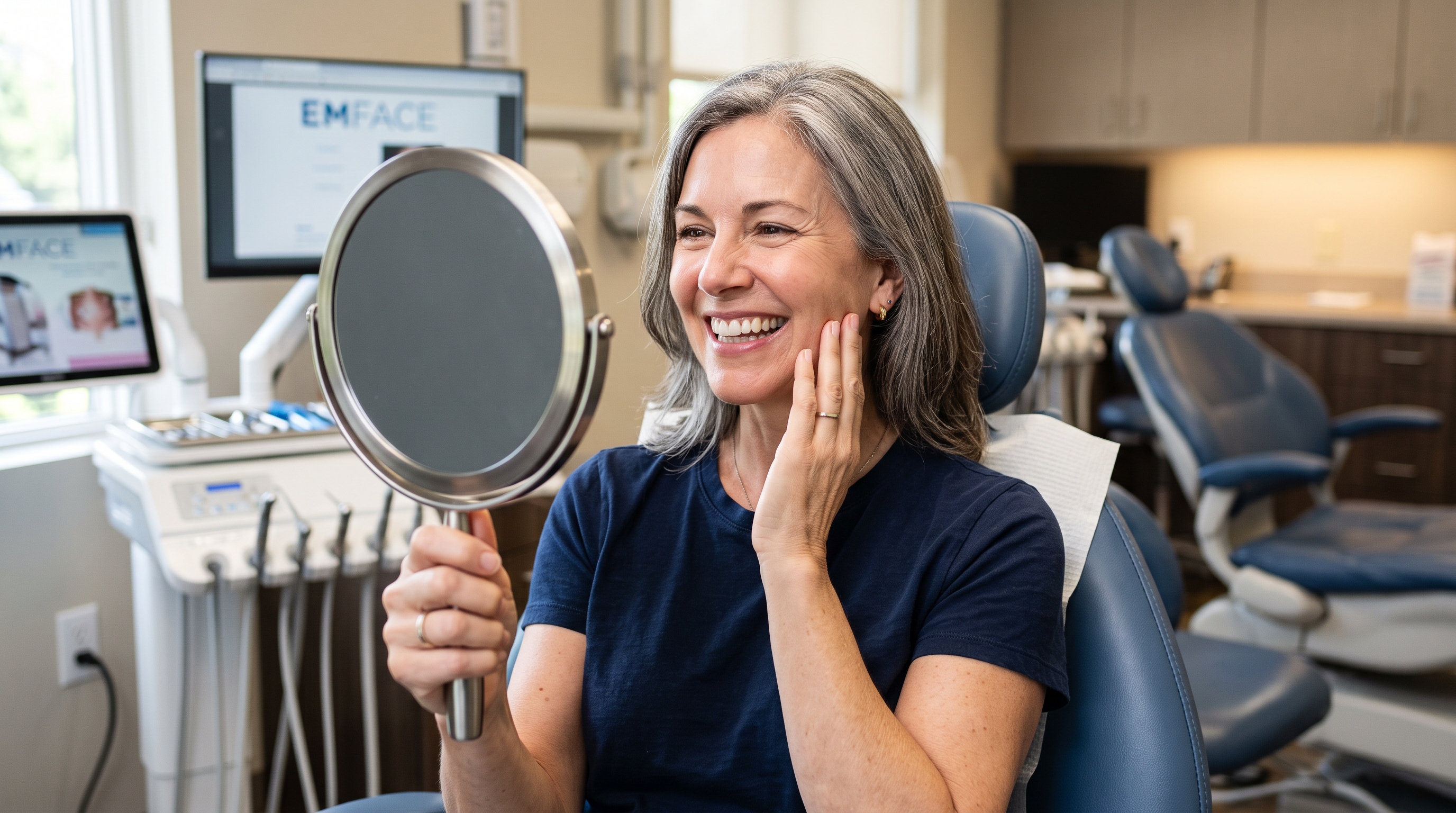 Woman smiling in handheld mirror