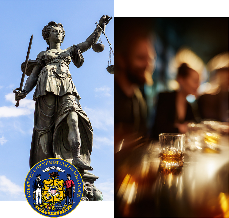 Blurred bar scene, state seal, and lady justice statue