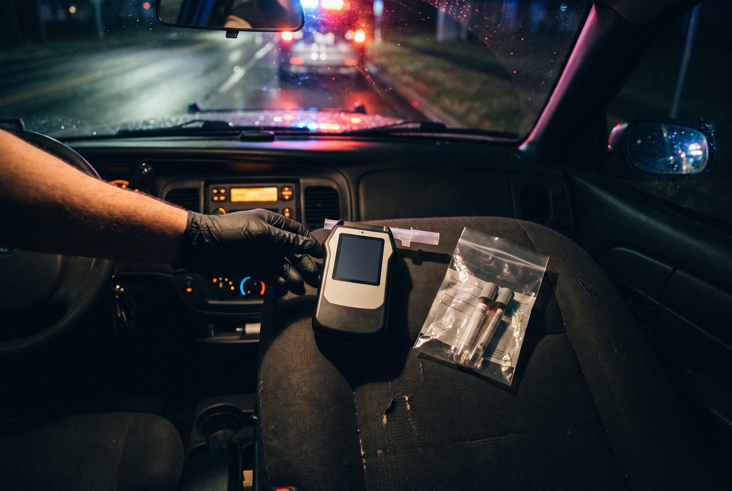 Man taking breathalyzer from cop at traffic stop