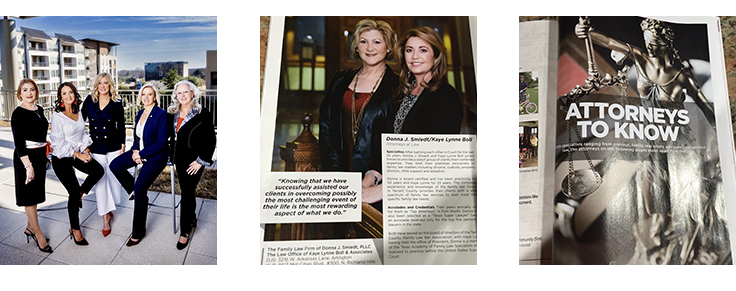 Left to Right: Image of Arlington Divorces Team, Magazine page featuring Donna Smiedt