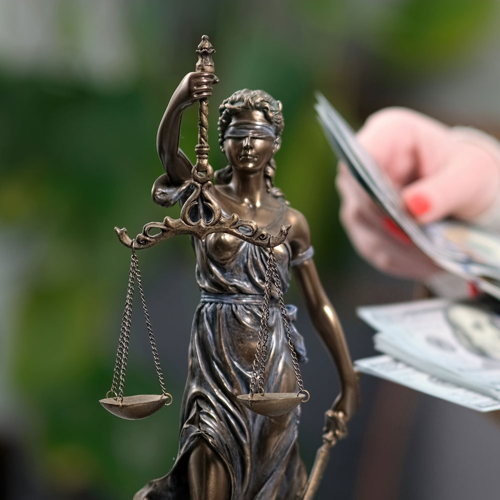 Lady justice with scales and person counting money in the background