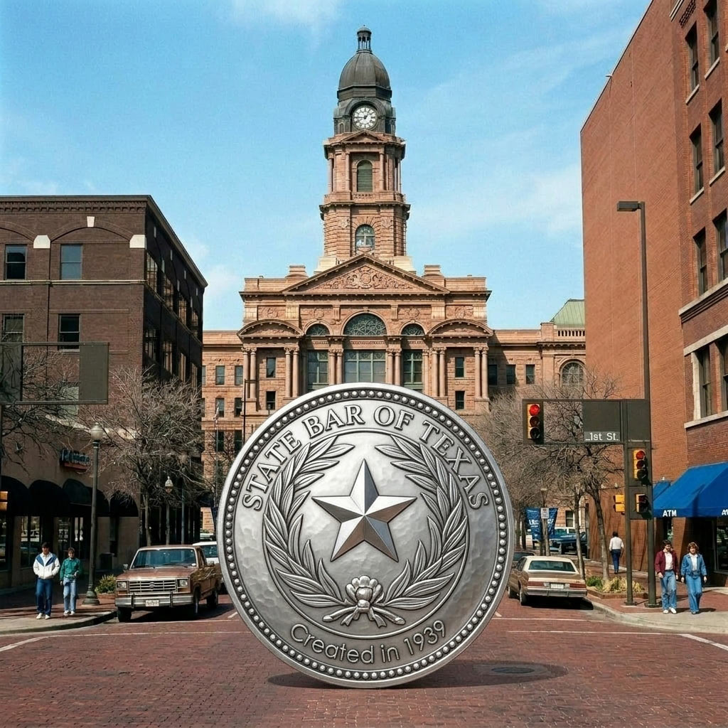 State Bar emblem with court room in background