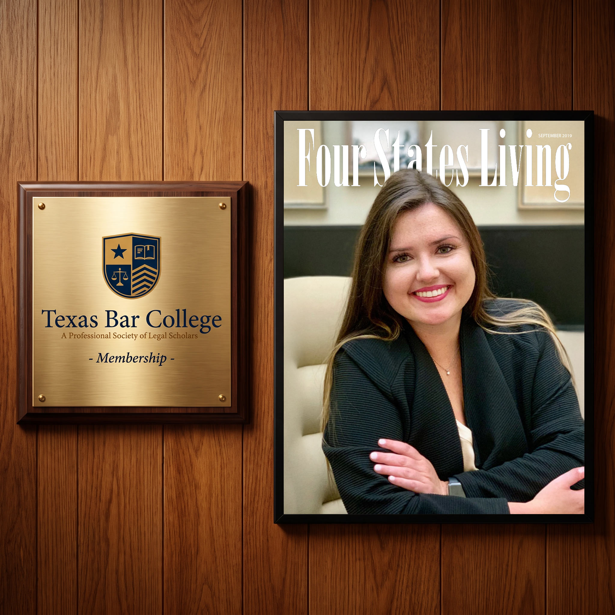 Olivia Shepard with Texas Bar plaque