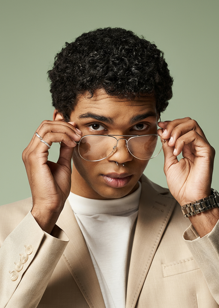 young man peering over his glasses