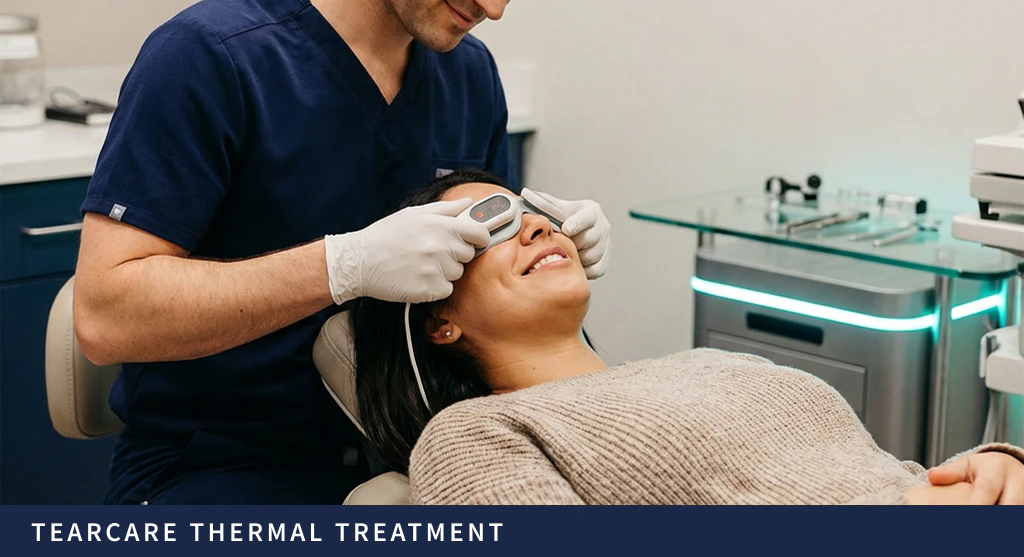 Clinician performing TearCare thermal treatment on a smiling patient at Mulqueeny Eye Centers