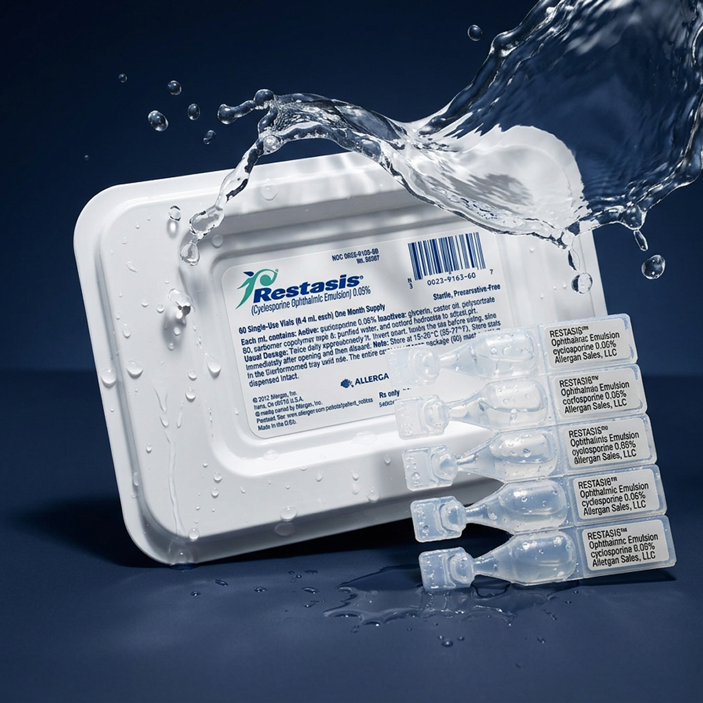 Restasis prescription eye drop vials on a dark surface with water droplets