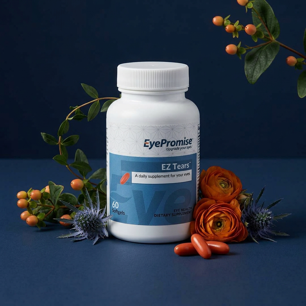 White supplement bottle with natural botanicals on a dark blue background