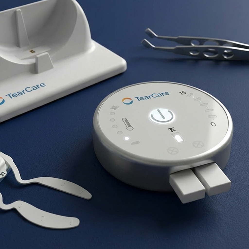 TearCare treatment device and applicator displayed on a dark blue surface