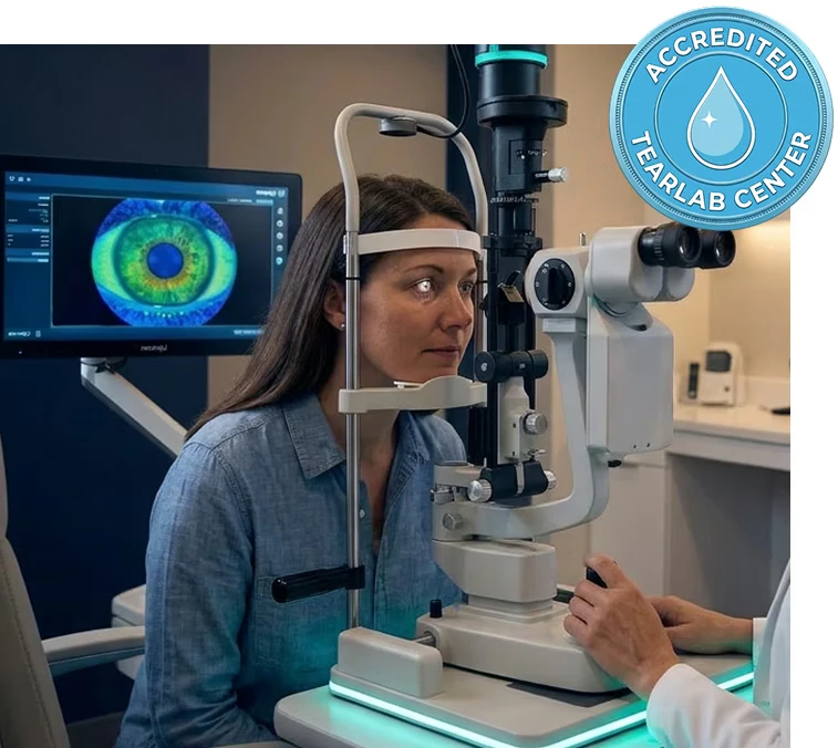 Patient undergoing an eye exam at an Accredited TearLab Center with a LipiScan image displayed on a monitor