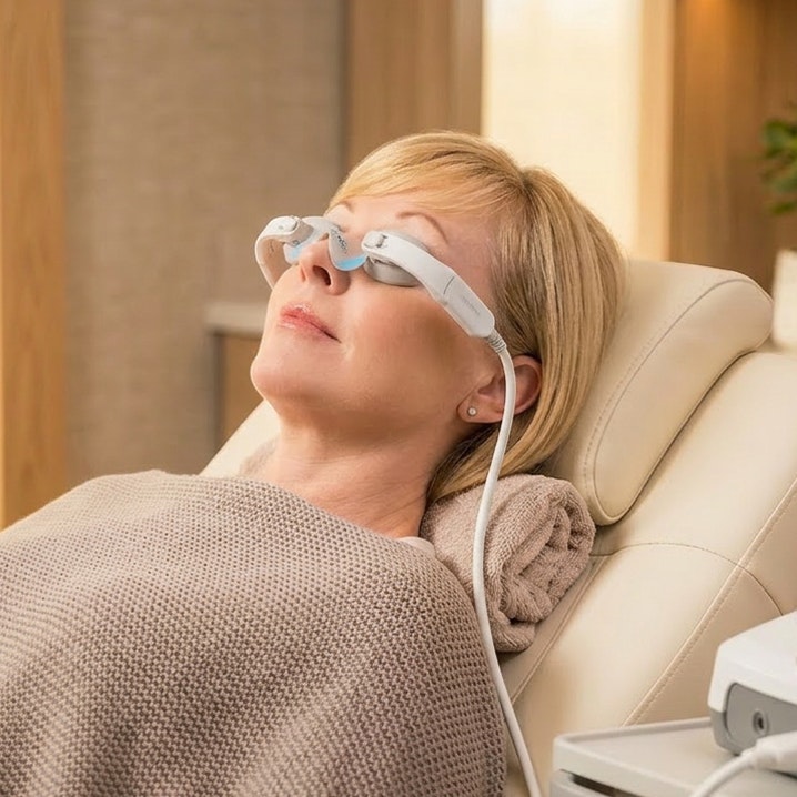 Clinician performing LipiFlow thermal pulsation treatment on a smiling female patient