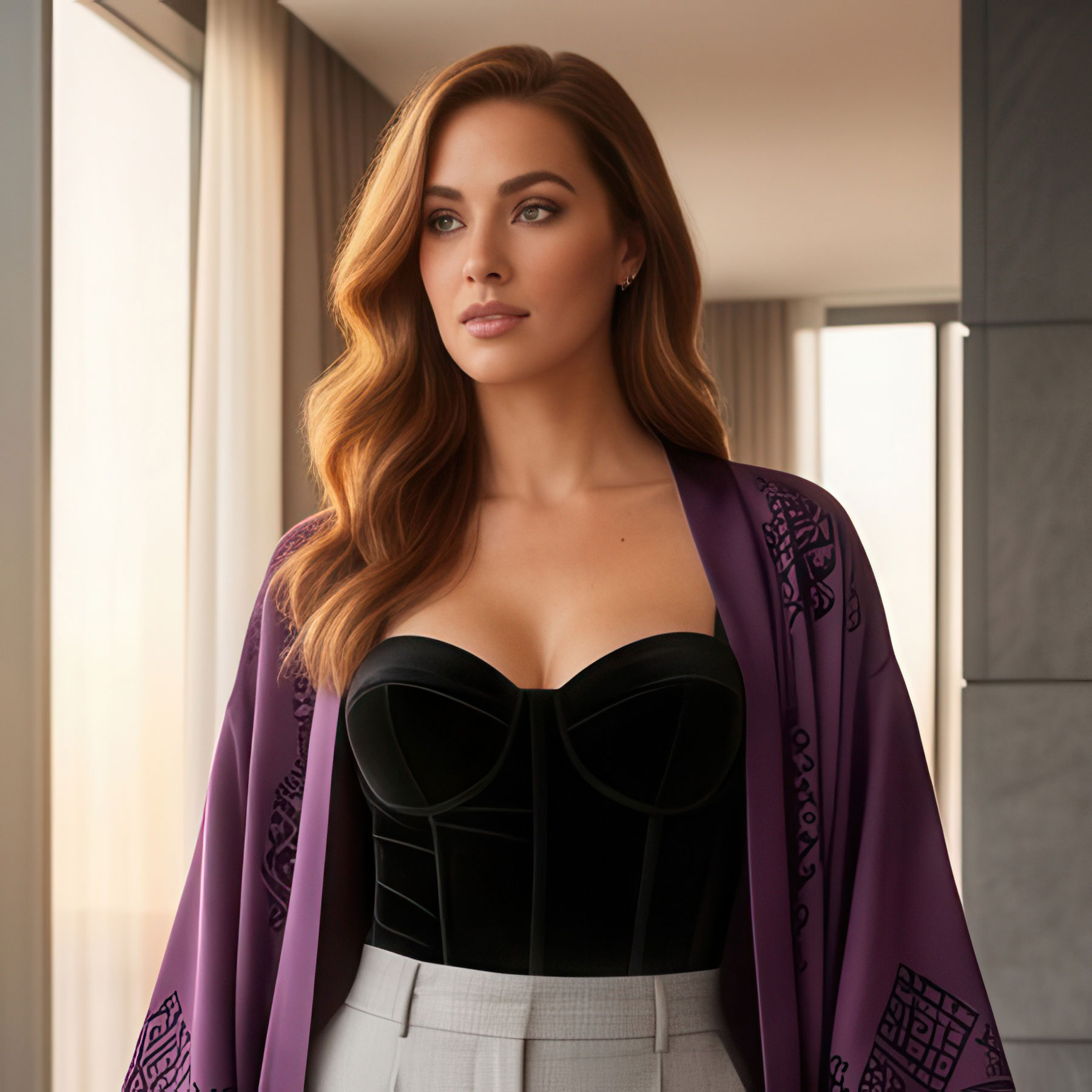 woman wearing satin robe and black bodice