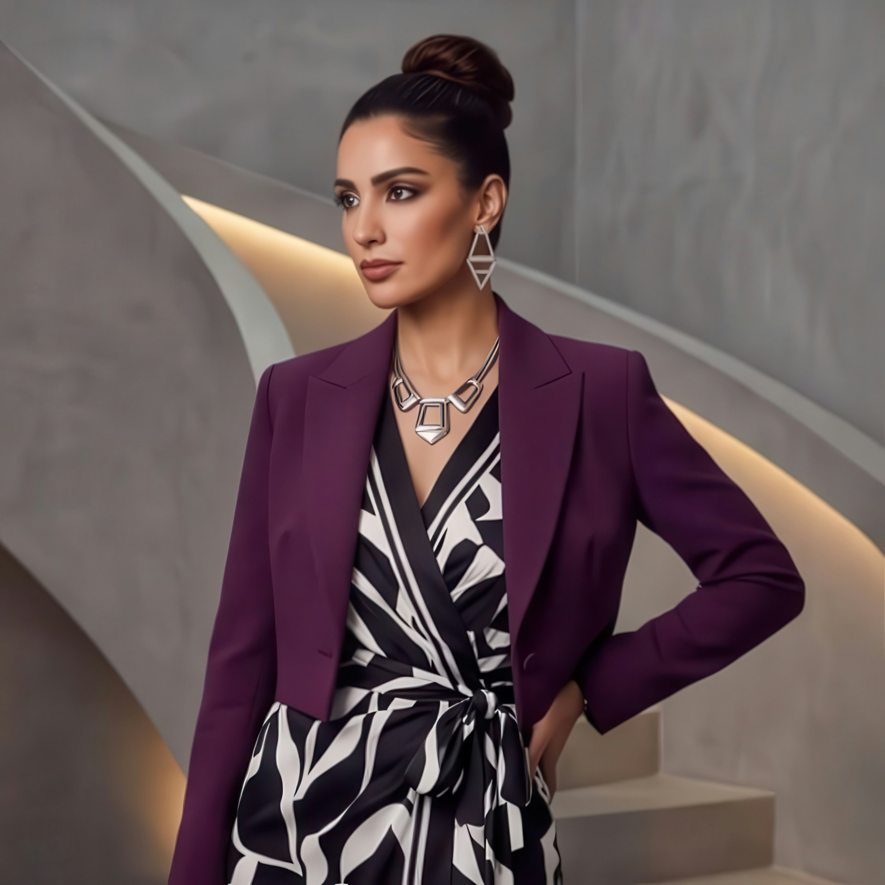 elegant woman's breast surgery in purple jacket and black and white dress