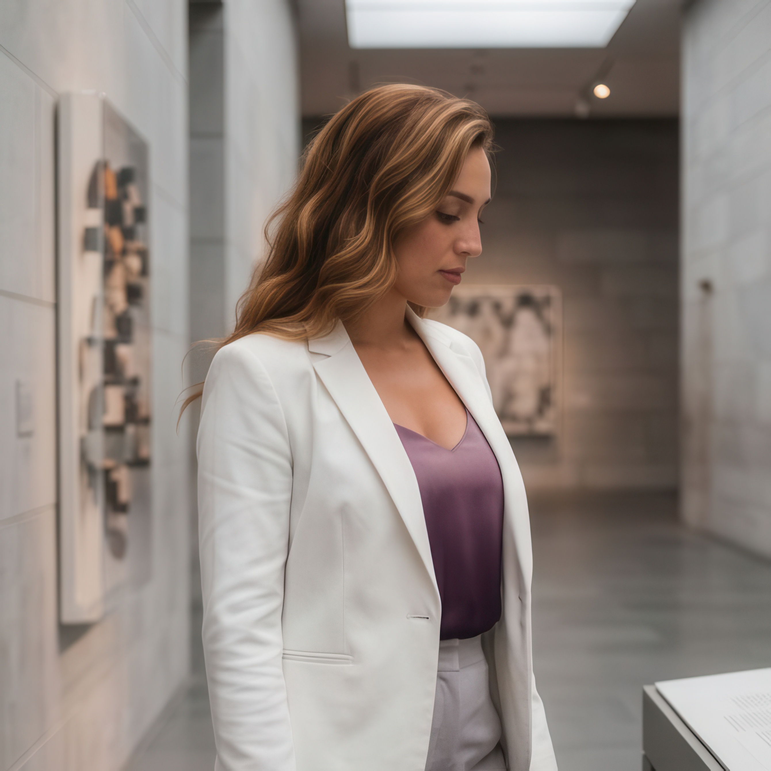 Woman wearing white jacket looking down at breasts in purple satin