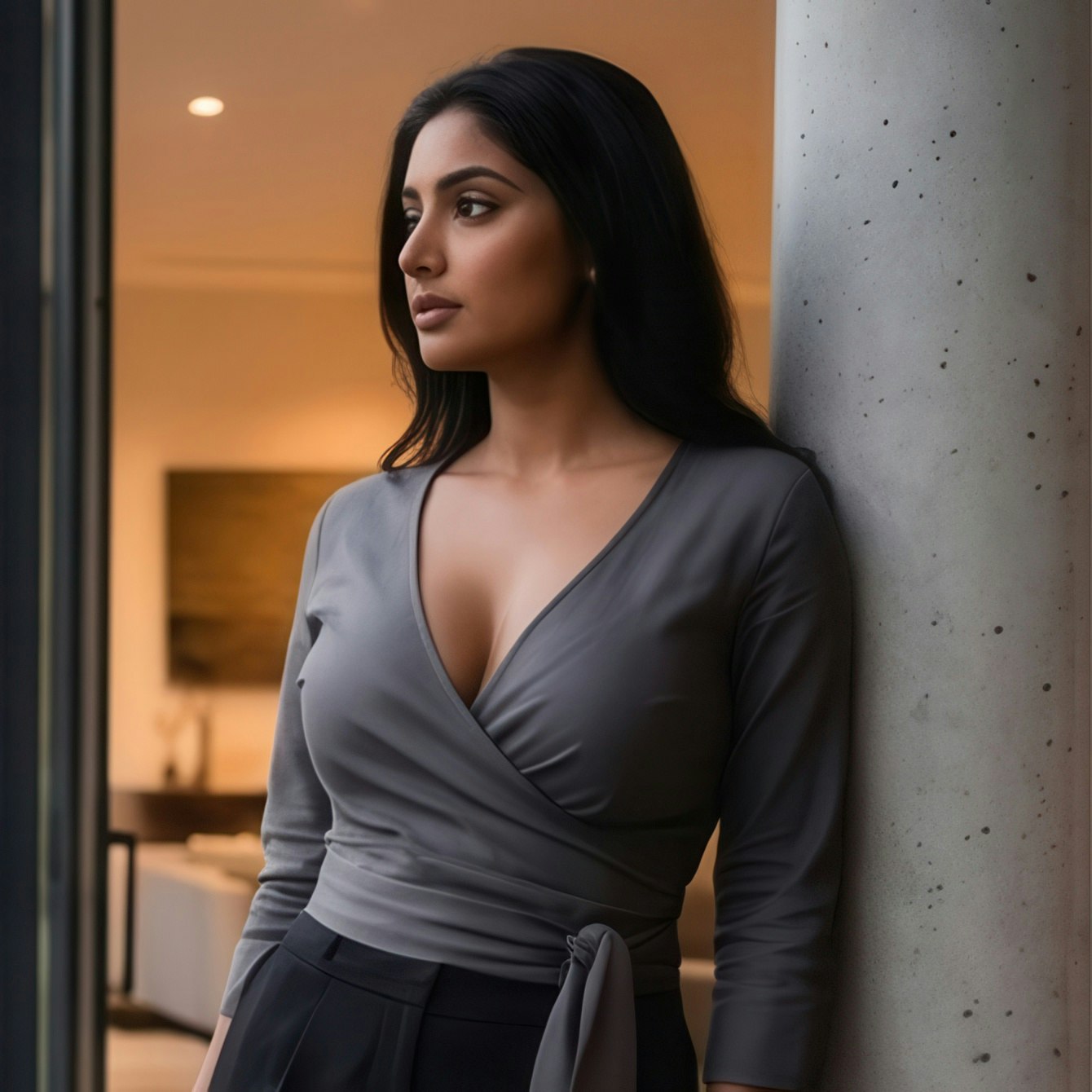 woman looking to the side wearing fitted grey shirt