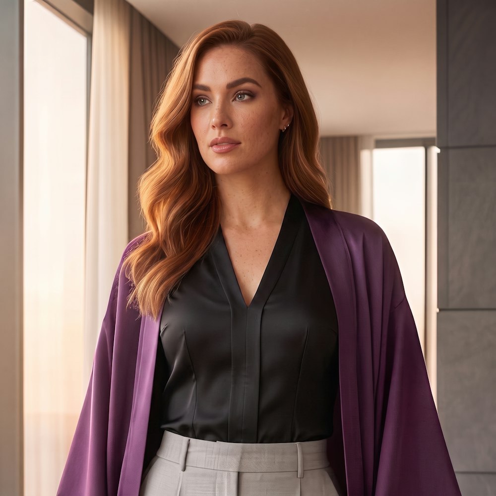 woman wearing satin robe and black shirt