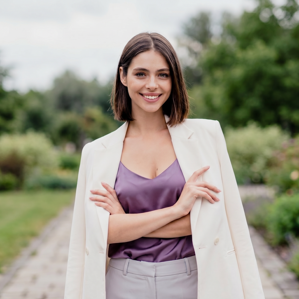 woman wearing white jacket and showcasing breast reconstruction with implants surgery