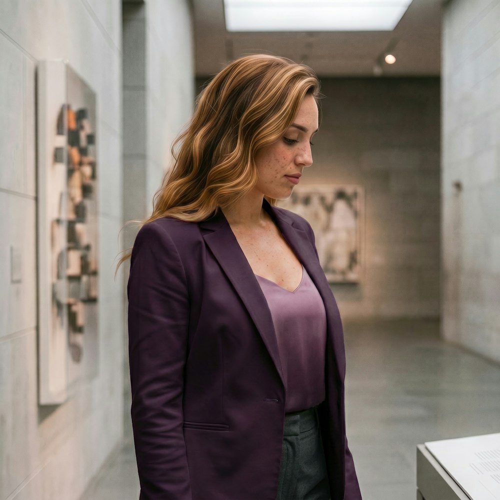 Woman wearing purple jacket looking down at breasts in purple satin