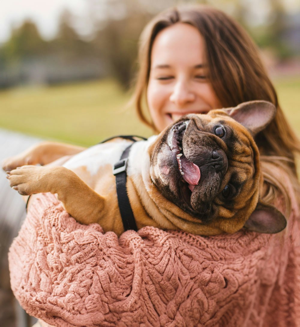 Woman smiling and holding her happy frenchie