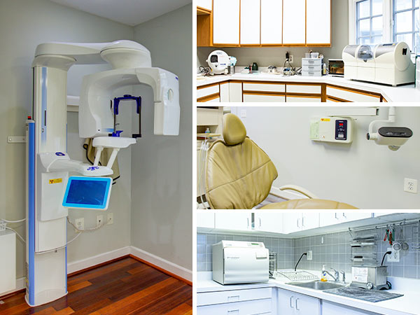 pictures of CEREC machine, CAD scanner, dental chair and digital xray machine, and other technology