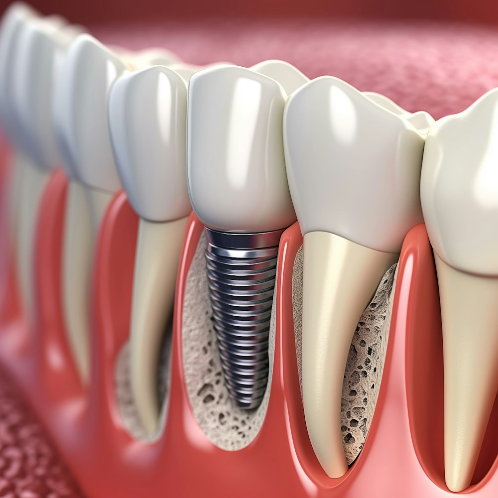 Close-up illustration of dental implant placed in jawbone beneath a porcelain crown