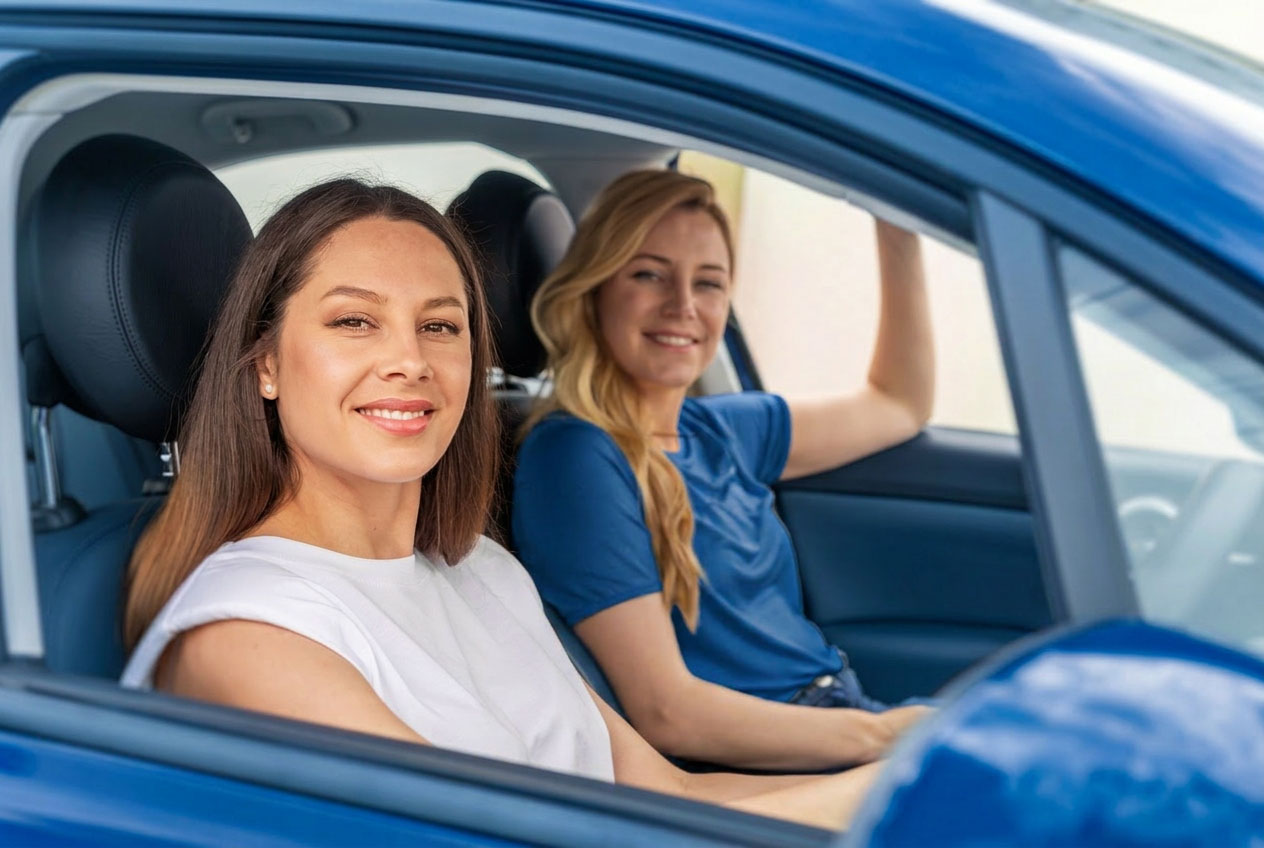 Two Women in car smiling