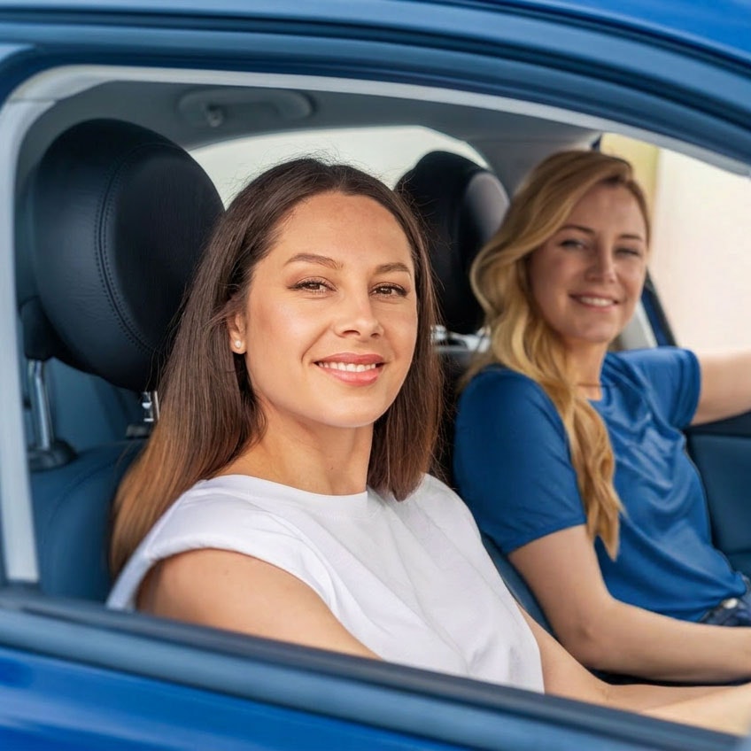 Two Women in car smiling