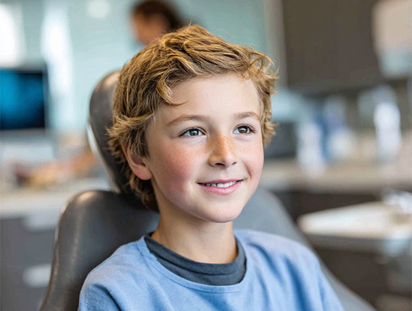 Smiling young boy in a blue shirt seated in a modern dental chair during a check-up.