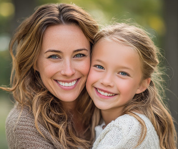 Smiling mother and daughter hugging outdoors in cozy sweaters.