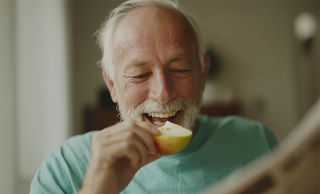 Senior man biting into an apple